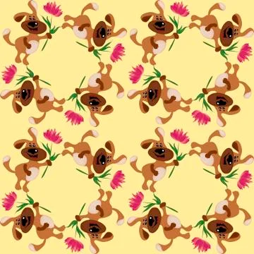 Seamless texture, pattern - a dog carries a flower as a gift Stock Illustration