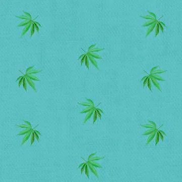 Seamless texture with a pattern of repeating cannabis leaves on a blue textur Stock Photos