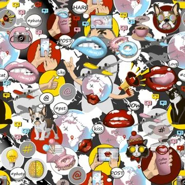 Seamless texture pattern with social media signs and trendy icons for creativ Stock Illustration