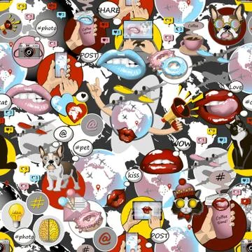 Seamless texture pattern with social media signs and trendy icons for creative Stock Illustration