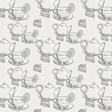 Seamless texture with a picture of a tea set with cake Illustrazione stock