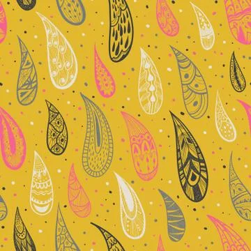 Seamless texture with rain drops on a yellow background. Ornamental drops. Stock Illustration