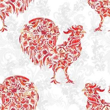 Seamless texture with rooster- symbol of 2017 (fire cock). Suitable for design Stock Illustration