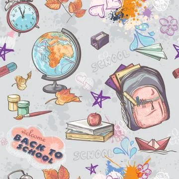 Seamless texture on a school theme with the image of a backpack, globe, paint Illustrazione stock