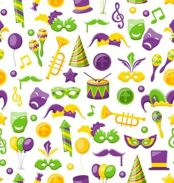 Seamless Texture with Set Carnival and Mardi Gras Icons and Objects 스톡 일러스트
