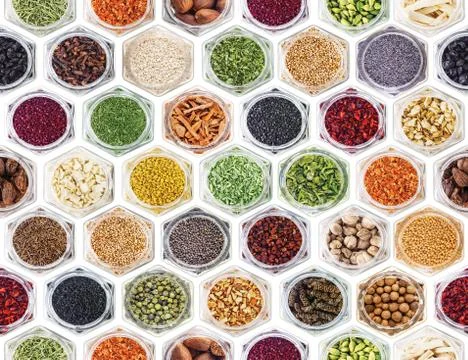 Seamless texture with spices and herbs over white background Stock Photos