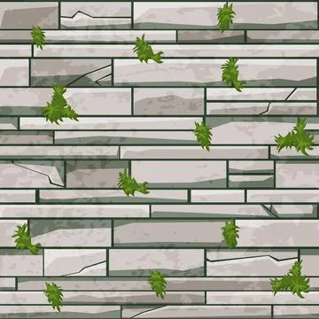 Seamless texture stone brick wall, gray pattern with grass for design. Stock Illustration
