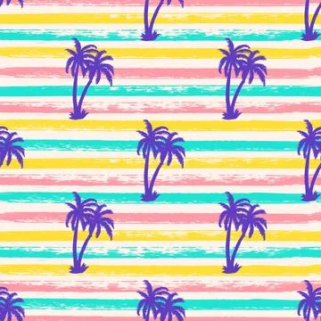 Seamless texture striped pattern with blue palm trees. Summer background. Hol 스톡 일러스트