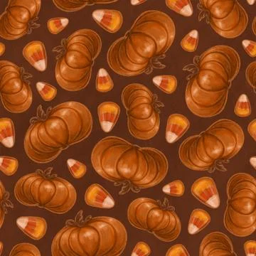 Seamless texture theme of halloween, elements of pumpkin and candy corn. Autu 스톡 일러스트