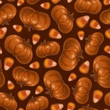 Seamless texture theme of halloween, elements of pumpkin and candy corn. Autu Stock Illustration