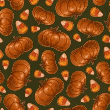 Seamless texture theme of halloween, elements of pumpkin and candy corn. Autu 스톡 일러스트