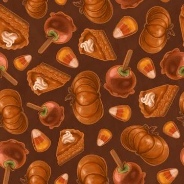 Seamless texture on the theme of halloween, includes elements of pumpkin, pie Stock Illustration