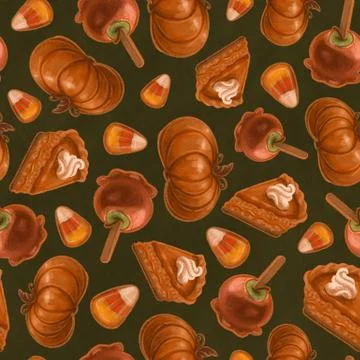 Seamless texture on the theme of halloween, includes elements of pumpkin, pie 스톡 일러스트