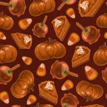 Seamless texture on the theme of halloween, includes elements of pumpkin, pie Stock Illustration