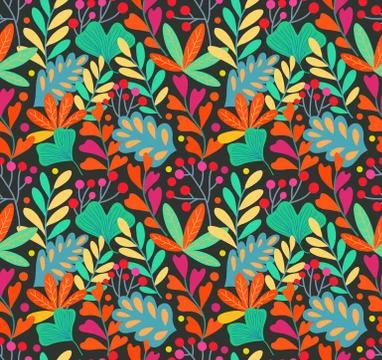 Seamless texture with vector plant elements, leaves and berries. Stock Illustration