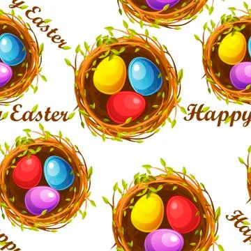 Seamless textured pattern of nests with eggs for Easter Day. Stock Illustration