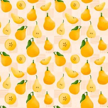 Seamless textured pattern of yellow pears in retro cottagecore style. Fruit back Stock Illustration