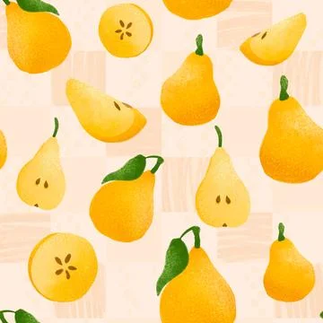 Seamless textured pattern of yellow pears in retro cottagecore style. Fruit back Stock Illustration