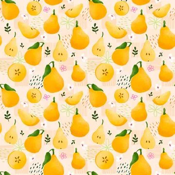 Seamless textured pattern of yellow pears in retro cottagecore style. Fruit back Stock Illustration