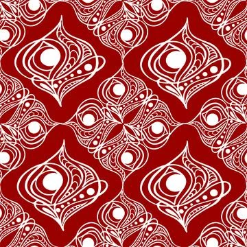 Seamless tile pattern of abstract geometric white elements on a red Stock Illustration