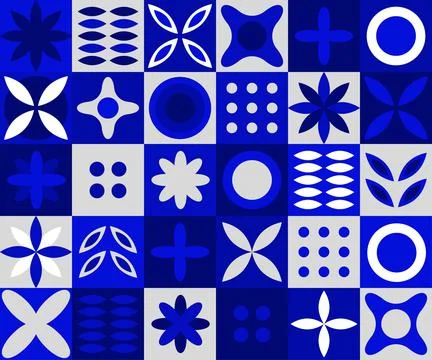 Seamless tile pattern with geometric symmetrical pattern. Blue tiles with simple Stock Illustration