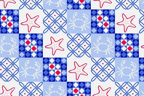 Seamless tile pattern with nautical elements like crabs, starfish, and geometric Stock Illustration
