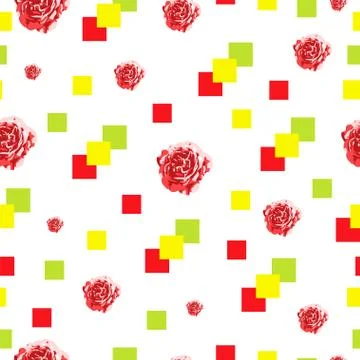 Seamless tileable texture with roses and squares vector Stock Illustration