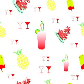Seamless tileable texture with summer fruits and drinks Stock Illustration