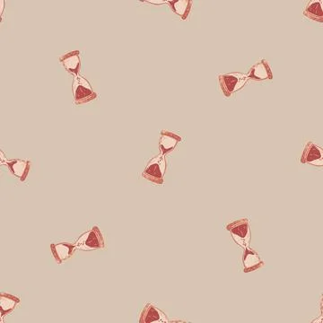 Seamless time pattern with hourglass clock silhouettes. Beige background. Vin Illustrazione stock