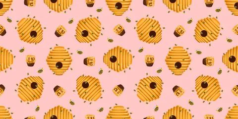 Seamless tinder pattern. Bee house. Beehive. Pink background. honeycomb. Chil Stock-Illustration
