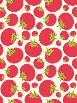 Seamless Tomato Pattern With Green Leaves on Warm Cream Background Stock Illustration