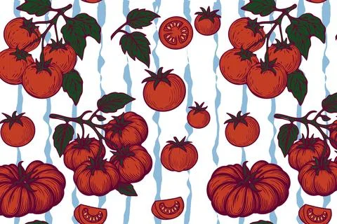 Seamless tomato pattern with hand drawn red tomatoes, green leaves, and light Stock Illustration