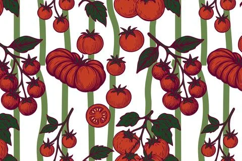 Seamless tomato pattern with hand drawn red tomatoes, green leaves, and wavy Stock Illustration