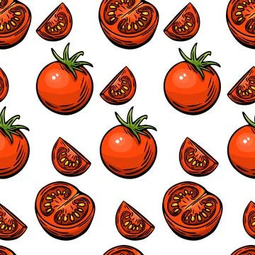 Seamless tomato pattern in Mediterranean engraving sketch style Stock Illustration
