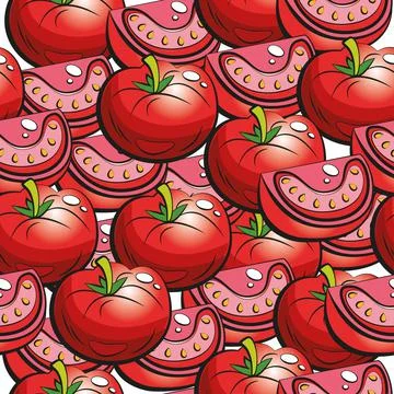 Seamless tomato pattern. Red ripe tomatoes with a green stem and cut pieces. Stock Illustration