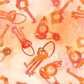 Seamless toned pattern with vintage keys and chain watch Stock Illustration