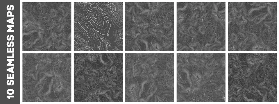 Seamless topographic map patterns set. Line topography map contour background Stock Illustration