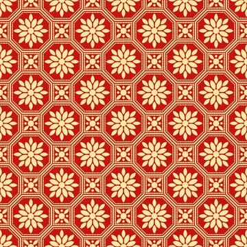 Seamless traditional Chinese pattern featuring octagonal and square floral t Stock Illustration
