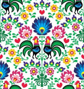 Seamless traditional floral Polish pattern with roosters Stock Illustration
