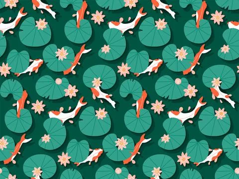 Seamless traditional with pattern Koi carp fishes swim in emerald water with Stock Illustration