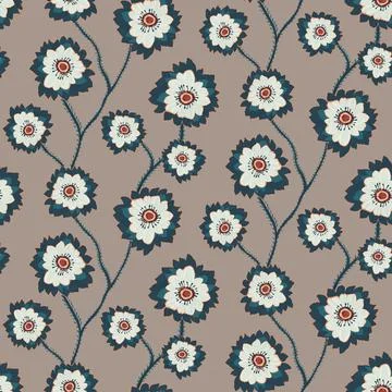 Seamless trailing florals pattern, gouache painted stylized plants and branches Stock Illustration
