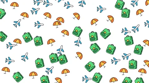Seamless Travel Icon Pattern with Airplanes Backpacks and Beach Umbrellas Stock Footage 345539617