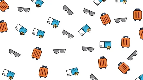 Seamless Travel Icon Pattern with Suitcases Sunglasses and Boarding Passes Stock Footage 345539610