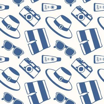 Seamless travel pattern with camera, hat, shorts, sunscreen, sunglasses. Summer 스톡 일러스트