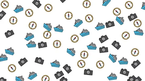 Seamless Travel Pattern with Cruise Ship Compass and Camera Icons on White Stock Footage 345539618