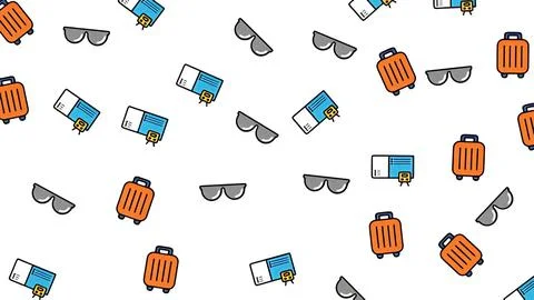 Seamless travel pattern featuring colorful suitcase, sunglasses, and passpo.. Stock Illustration