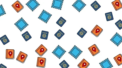 Seamless Travel Pattern with Flat Icons of Passport Postage Stamp and Map Pin Stock Footage 345539602