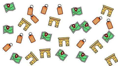 Seamless travel pattern with map icons, luggage tags and landmarks on white.. Stock Illustration