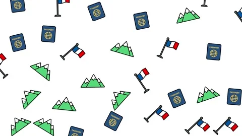 Seamless travel pattern with passport, mountain, and flag icons on white Stock Footage 345539612