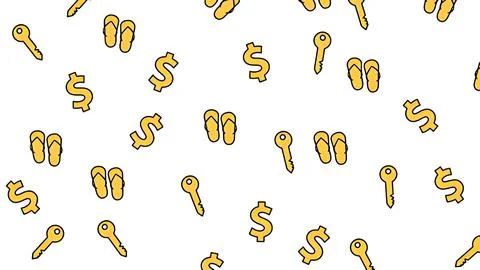 Seamless travel pattern with yellow flip-flops, keys and dollar icons on wh.. Stock Illustration